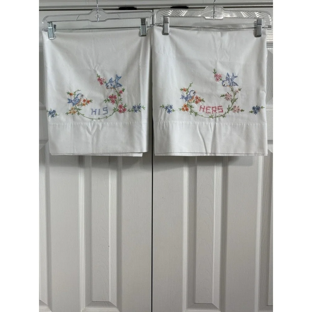 His Hers Pair of Vintage Hand Embroidered Standard Pillowcases Cottagecore